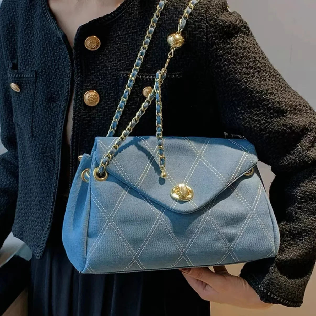 Aboutlee Denim Women Shoulder Bag Solid Lightweight Handbag