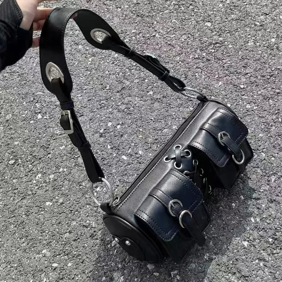 Y2K Punk Style Strapped Handbag Multi-Pocket Decorative Lady Small Bag