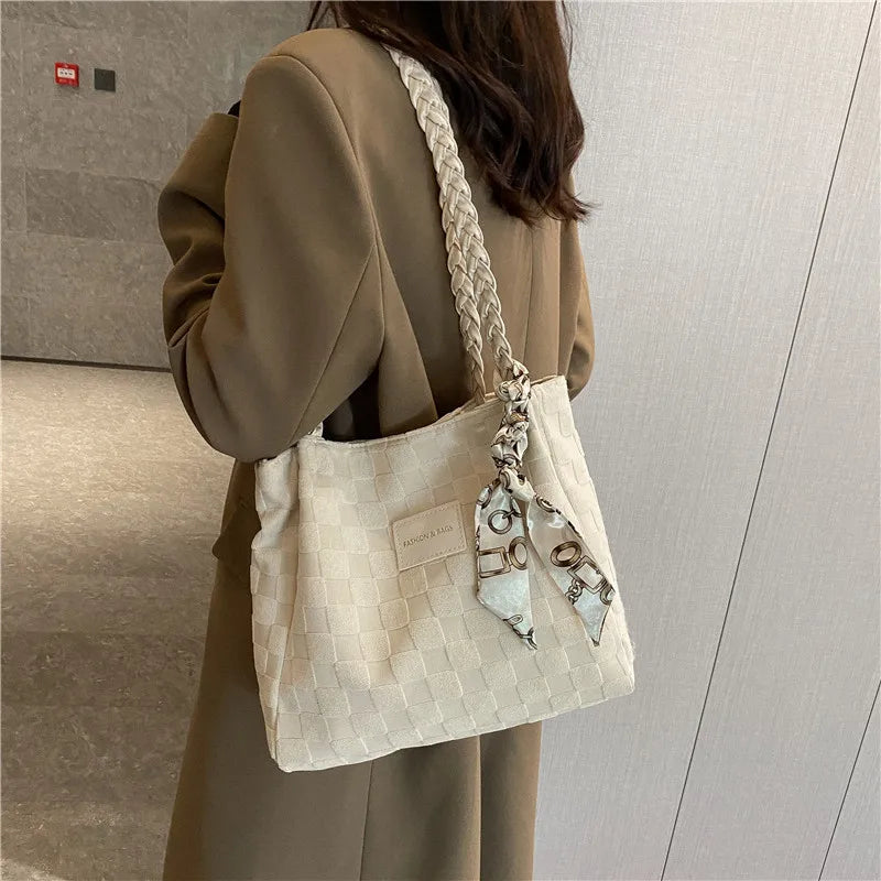 Stylish Canvas Shoulder Bag with Scarf Detail