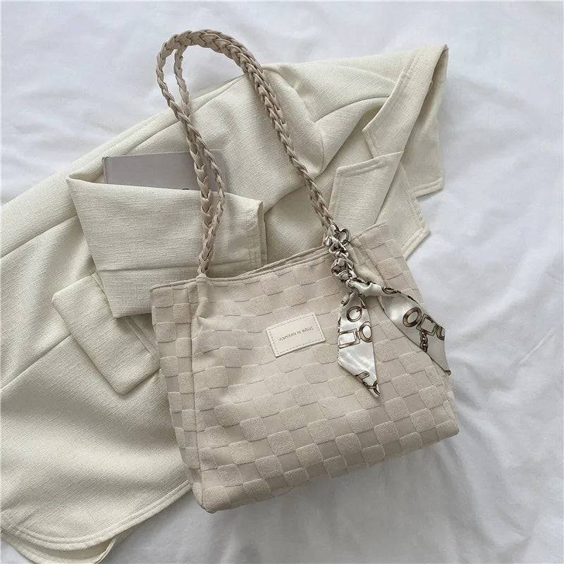 Stylish Canvas Shoulder Bag with Scarf Detail