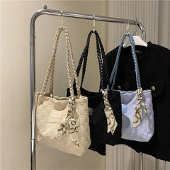Stylish Canvas Shoulder Bag with Scarf Detail