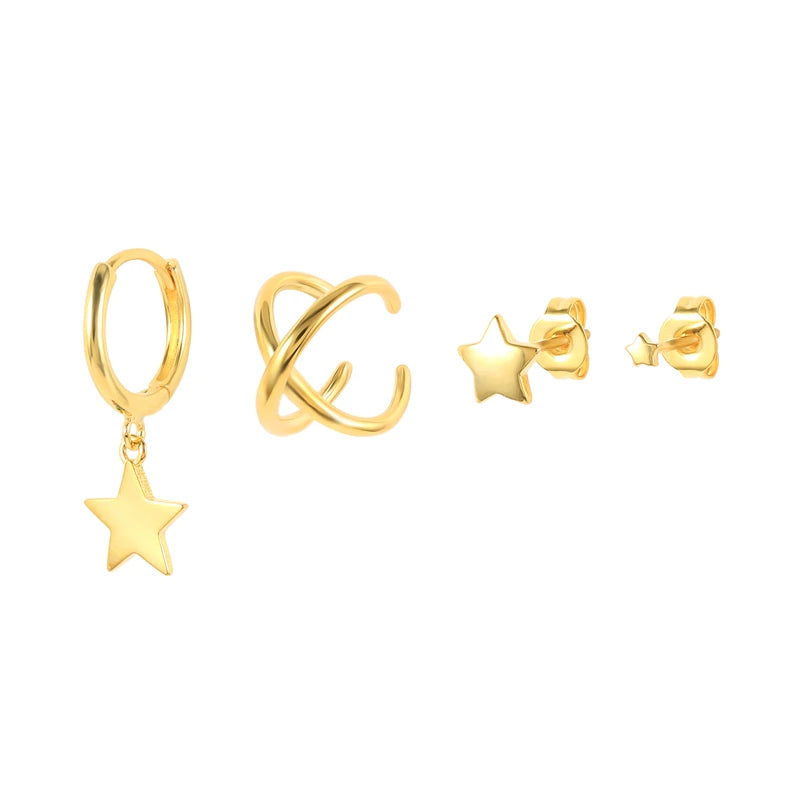 925 Silver Earrings Set Turquoise Crown Star Moon Zircon Snake Clips