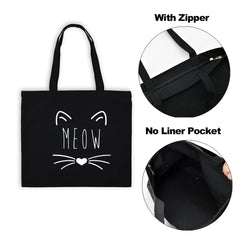 Cat Print Tote Bag for Women Foldable Canvas Handbag Eco Zipper
