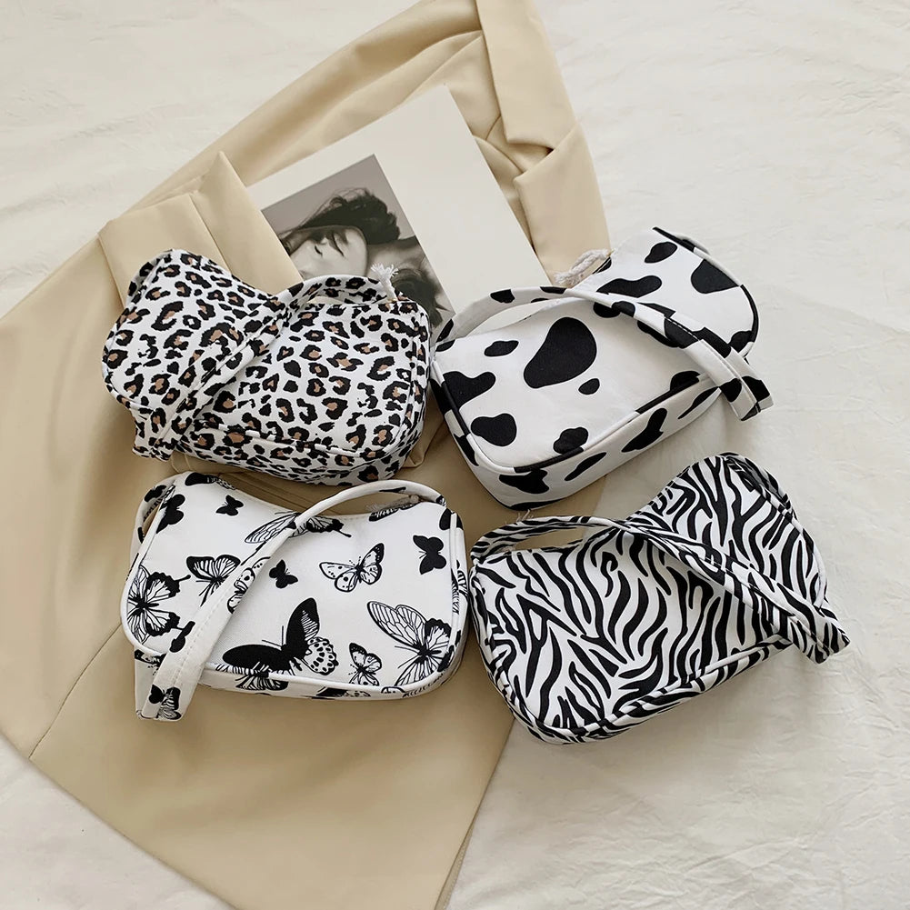 Animal Print Canvas Shoulder Bag Retro Ladies Small Handbag