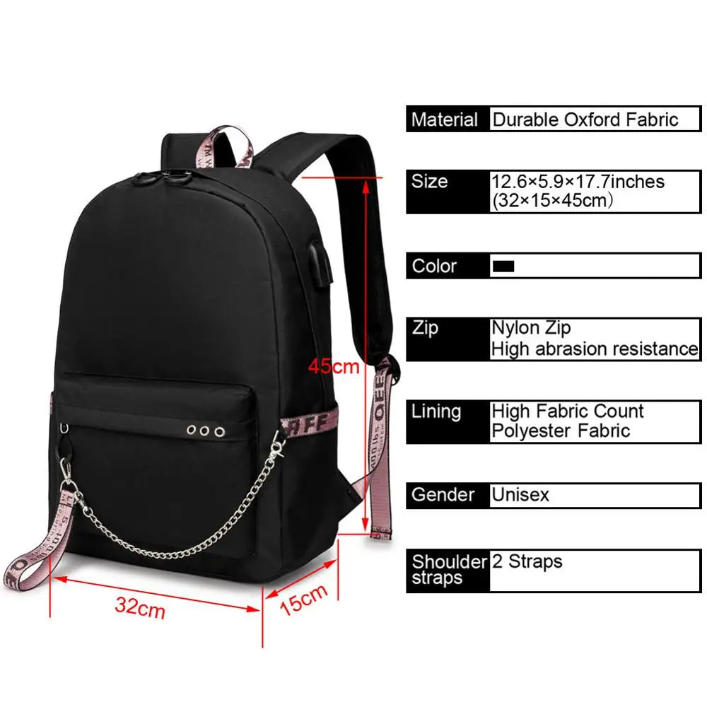 Anime Angel Death Backpack School Book Bags Travel Boys Girls Laptop USB Port