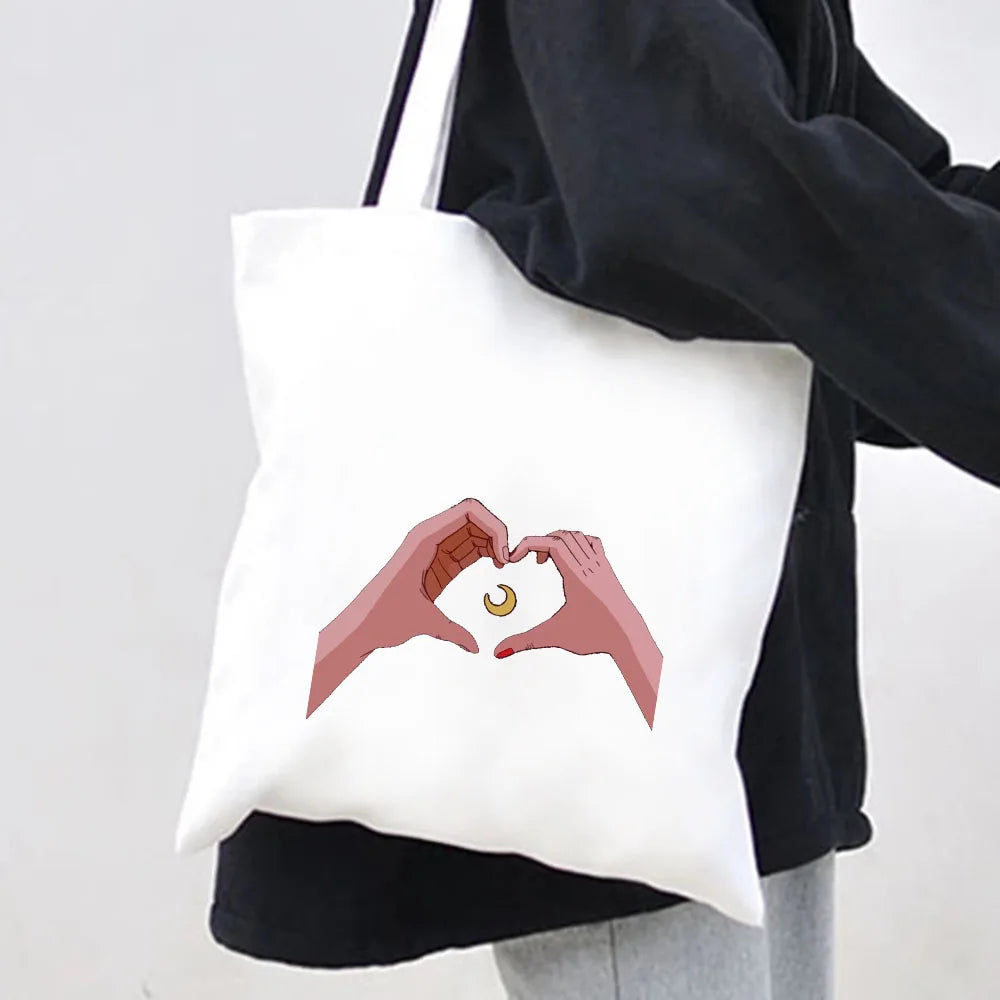 Anime Girl Moon Silhouette Canvas Shoulder Bag Harajuku Handbag Tote Eco Shopper
