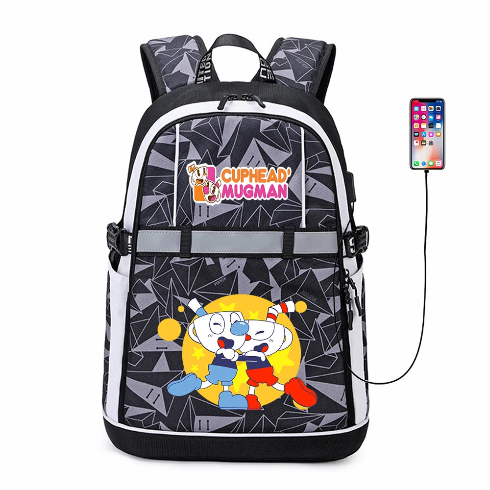 Anime Cuphead Oxford USB Backpack Cartoon Travel Schoolbag