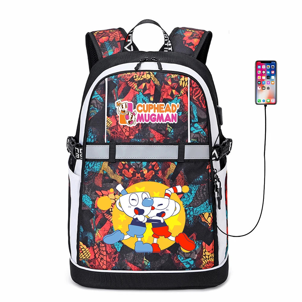 Anime Cuphead Oxford USB Backpack Cartoon Travel Schoolbag