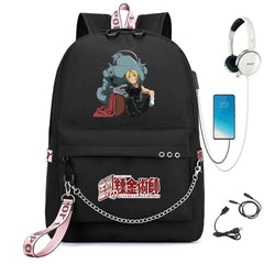 Anime FMA Backpack USB Headphone Teen Student School Bag Travel Laptop Rucksack