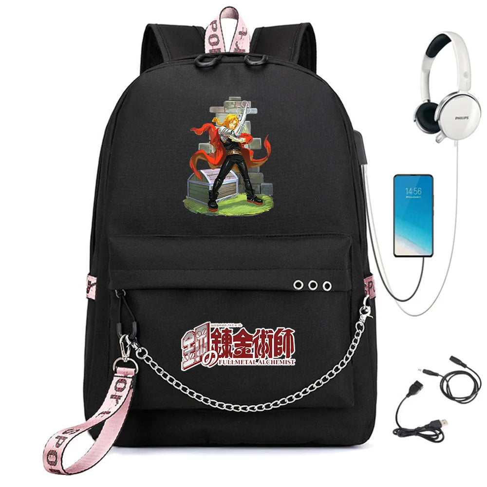 Anime Fullmetal Alchemist Nylon Backpack Schoolbag USB Cartoon Teenger Travel La