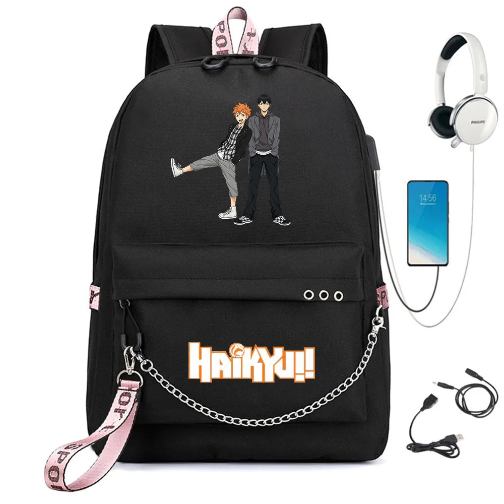 Haikyuu Nylon Backpack Schoolbag USB Charge Cartoon Teenger Travel Laptop