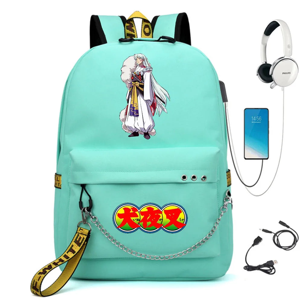 Inuyasha Nylon Backpack USB Charge Schoolbag Casual Student Teenager Knapsack