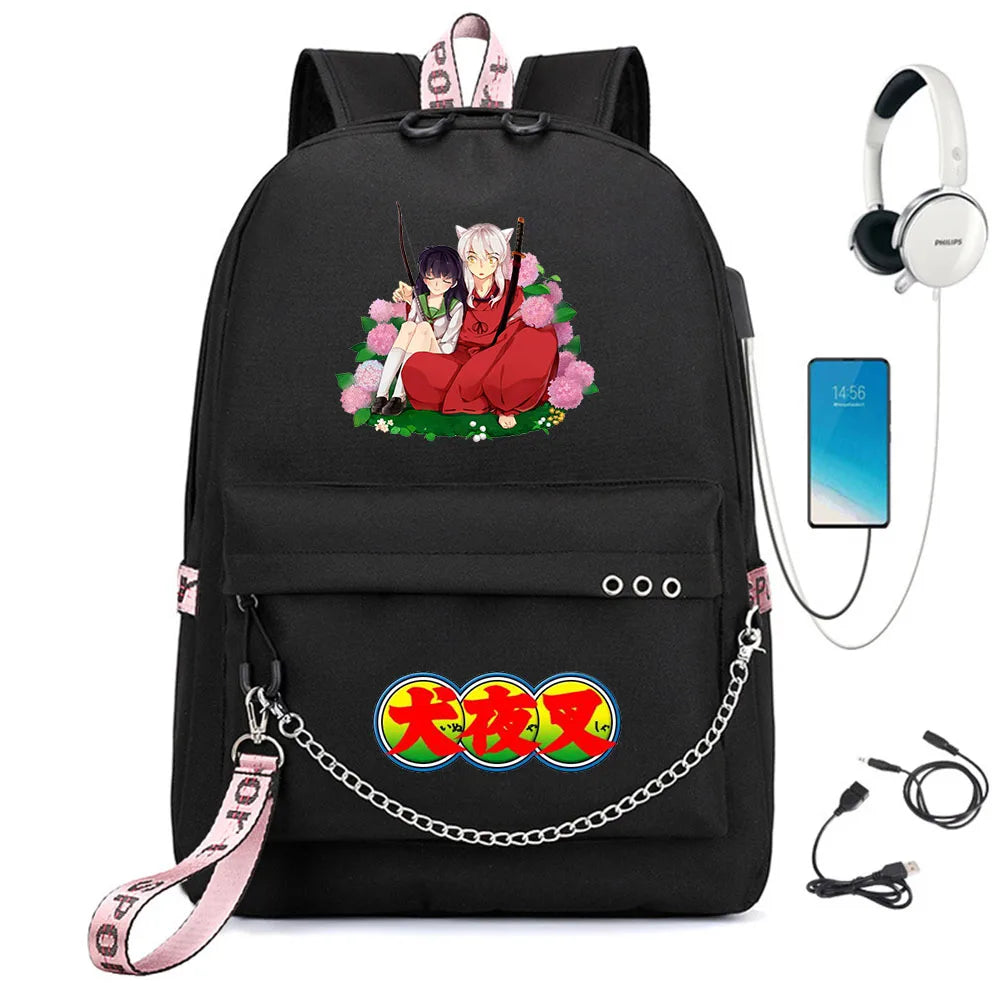 Inuyasha Nylon Backpack Schoolbag USB Charge Teen Travel Laptop Bag