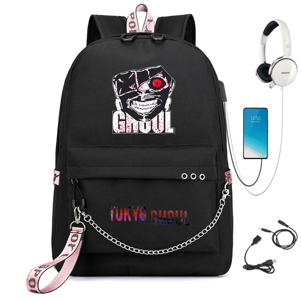 Tokyo Ghoul Nylon Backpack USB Charge Schoolbag Cartoon Teenger Travel Laptop Ba