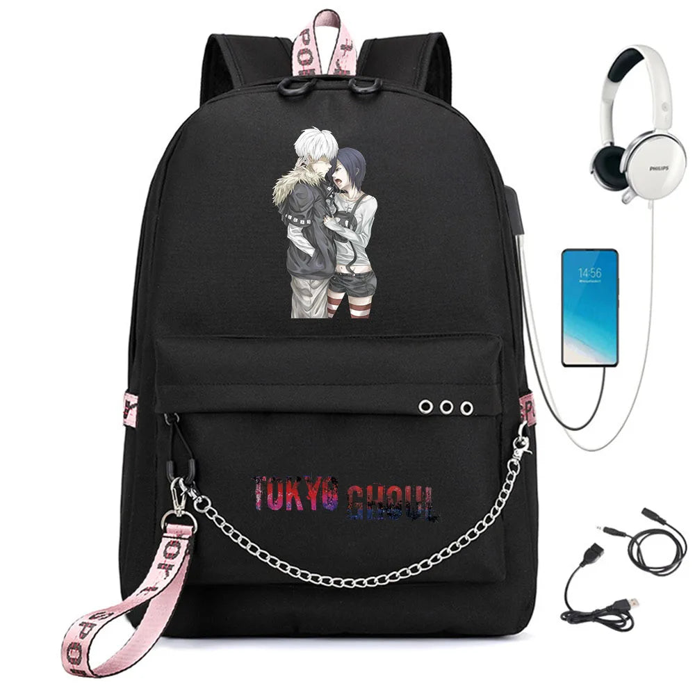 Tokyo Ghoul Nylon Backpack USB Charge Schoolbag Cartoon Teenger Travel Laptop Ba
