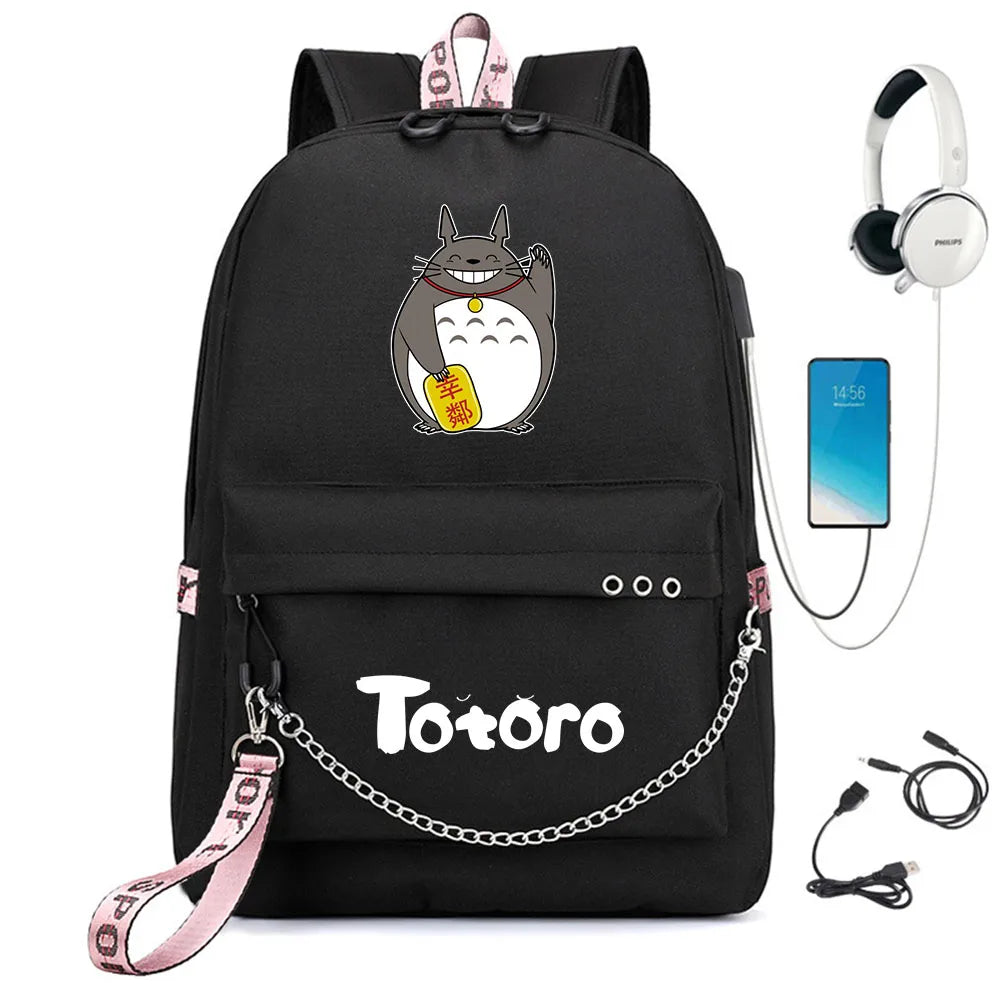 Anime Totoro Nylon Backpack Schoolbag USB Charge Teenger Travel Laptop Bag