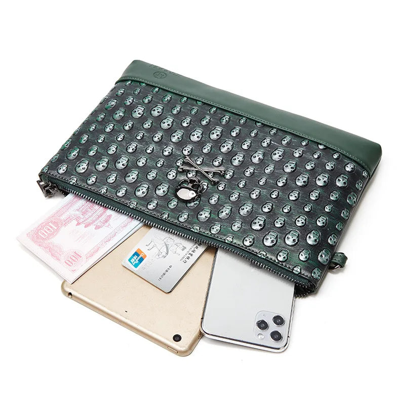 Men Skull Embossed Wrist Bag Punk Style Clutch Bag