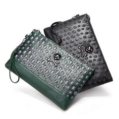 Men Skull Embossed Wrist Bag Punk Style Clutch Bag