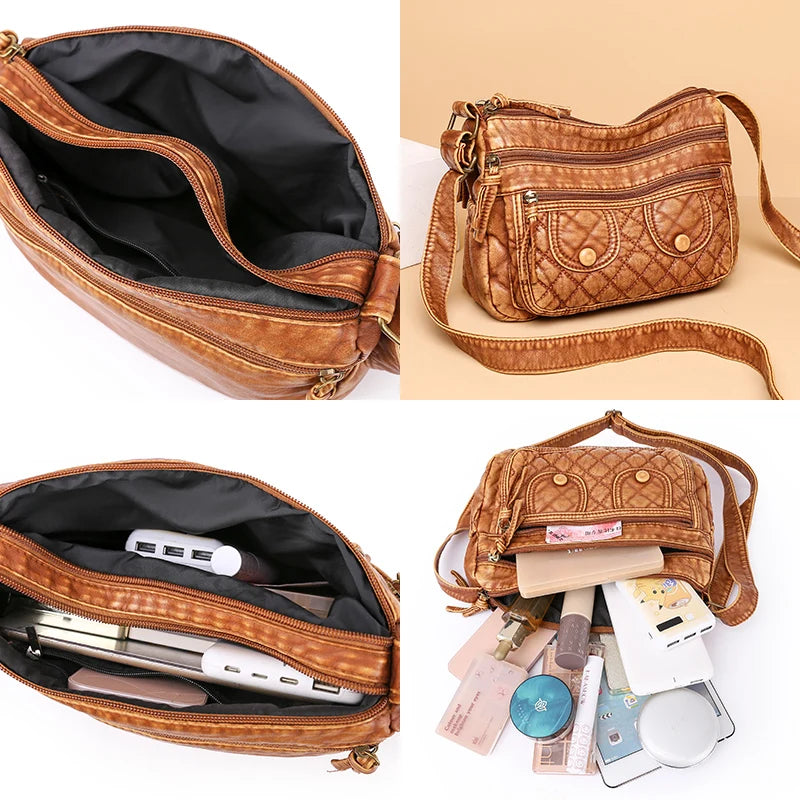 Vintage Crossbody Bag Soft Leather Handbags Multi-pockets Bag