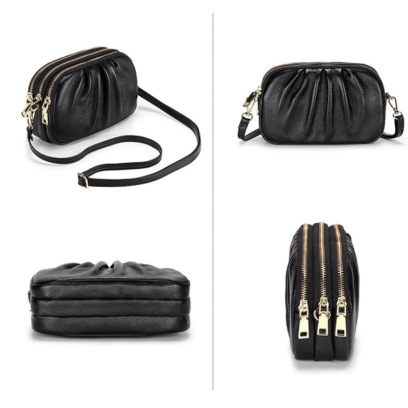 Women Leather Shoulder Bag Tri-zipper Crossbody High Small Purse