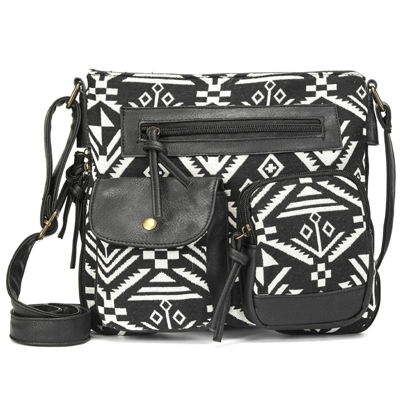 Bohemian Crossbody Bag Leather Shoulder Bag Multi-pockets Messenger Bag