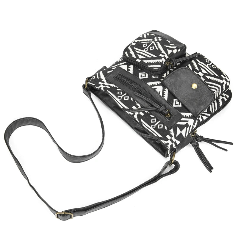 Bohemian Crossbody Bag Leather Shoulder Bag Multi-pockets Messenger Bag