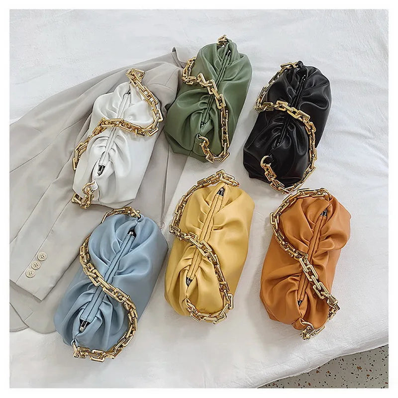 Cloud Shape Women Bag Pleated Tote Bag Thick Chain Dumpling Clip Purse Bag