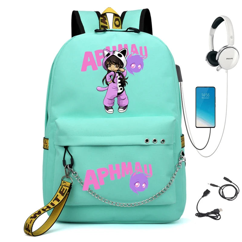 Aphmau Backpack USB Charging School Bag Girl Waterproof Student Backpack