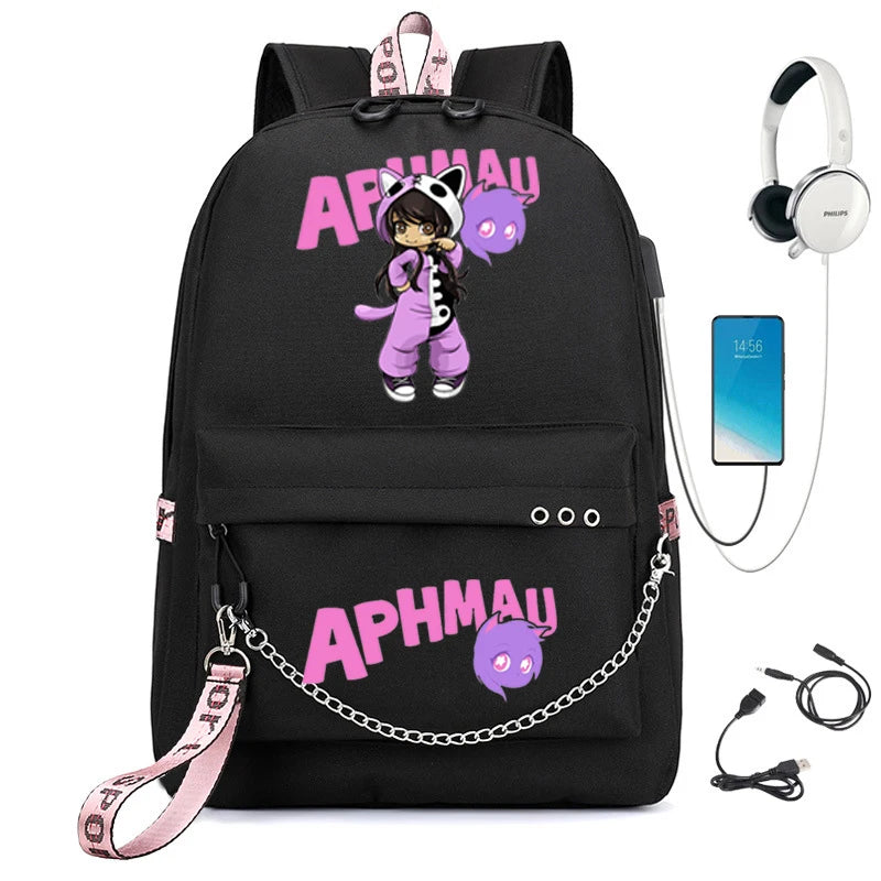 Aphmau Backpack USB Charging School Bag Girl Waterproof Student Backpack