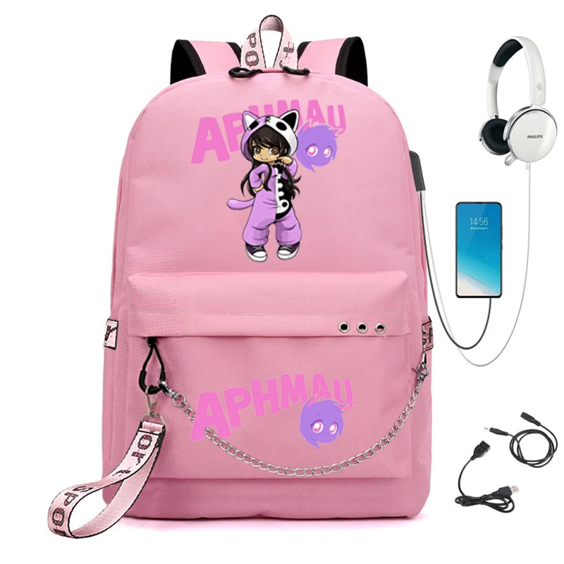 Aphmau Backpack USB Charging School Bag Girl Waterproof Student Backpack
