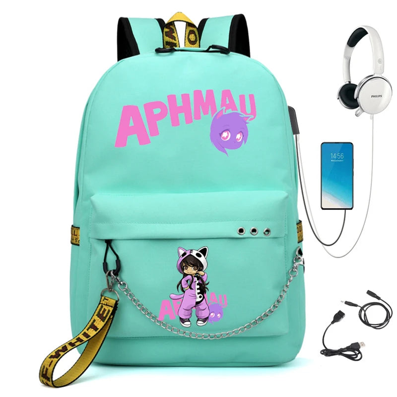 Aphmau Backpack USB Charging School Bag Girl Waterproof Student Backpack