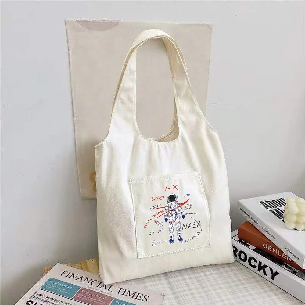 Astronaut Canvas Shoulder Bag Large Capacity Tote Lazy Casual Storage Bag