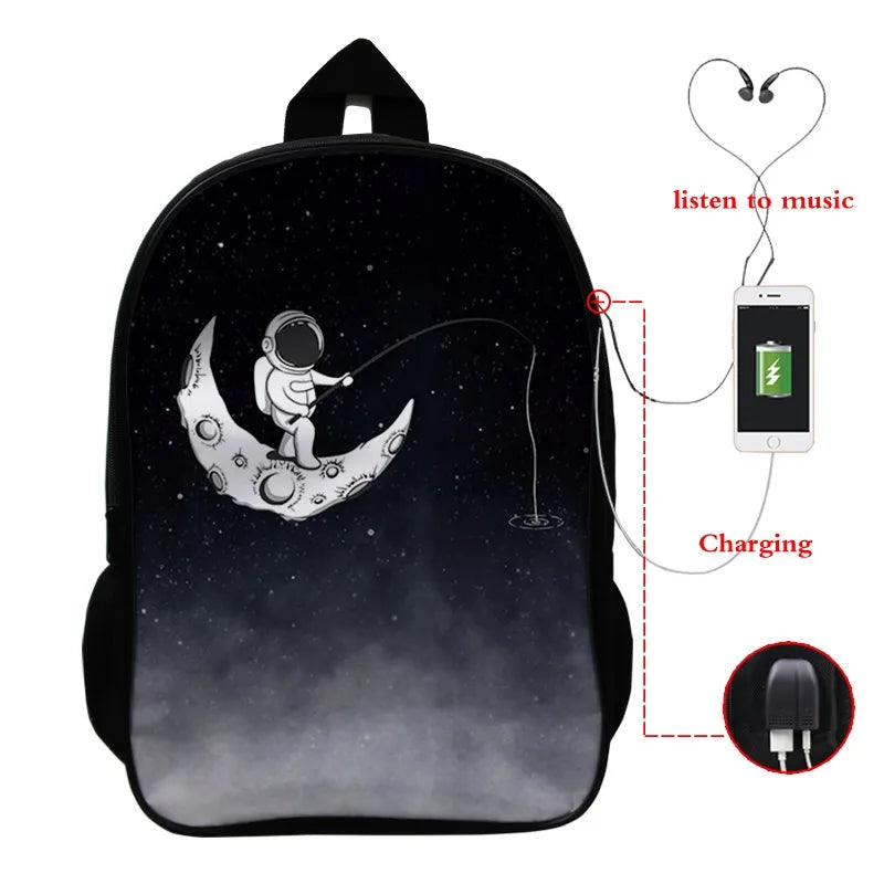 Astronaut 3D Backpack USB Charging School Bag Boys Girls Rucksack