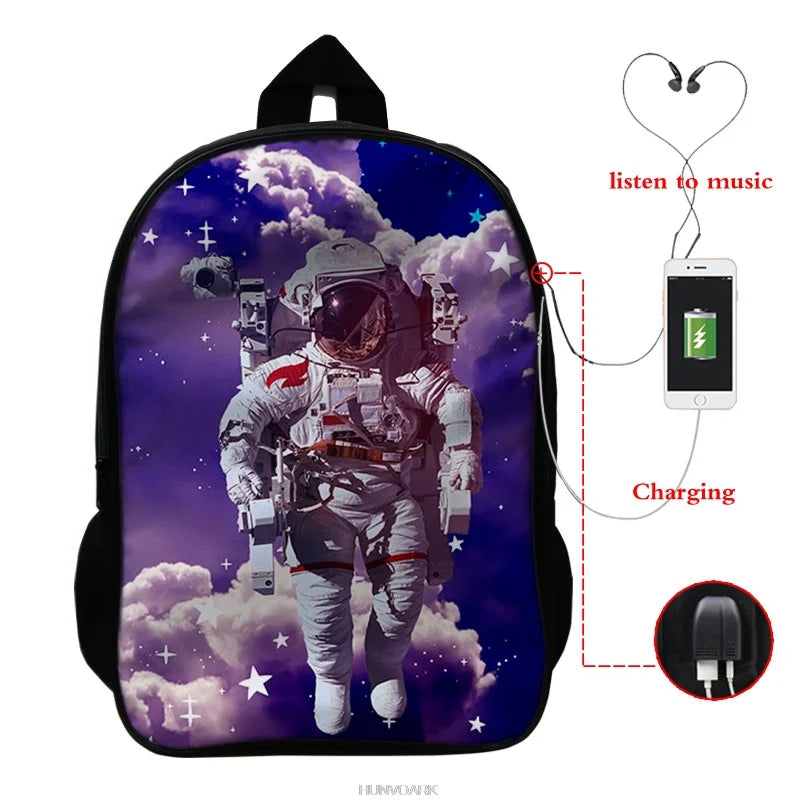 Astronaut 3D Backpack USB Charging School Bag Boys Girls Rucksack