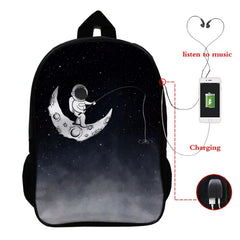 Astronaut 3D Backpack USB Charging School Bag Boys Girls Rucksack