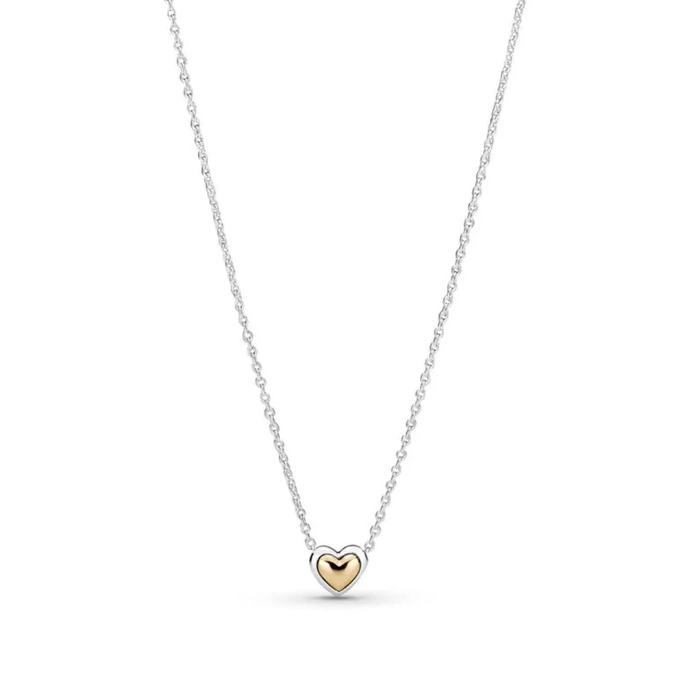 925 Sterling Silver Domed Golden Heart Collier Necklace