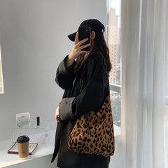 Leopard Print Corduroy Shoulder Bag with Chain Strap