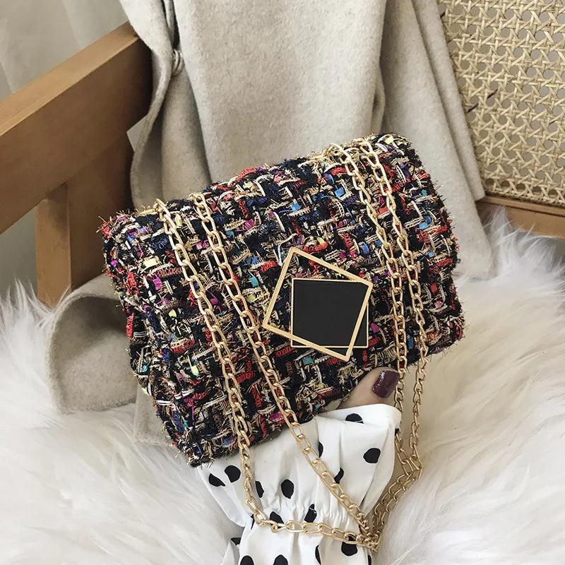 Woolen Cloth Bag Small Lattice Geometric Chain Shoulder Bag