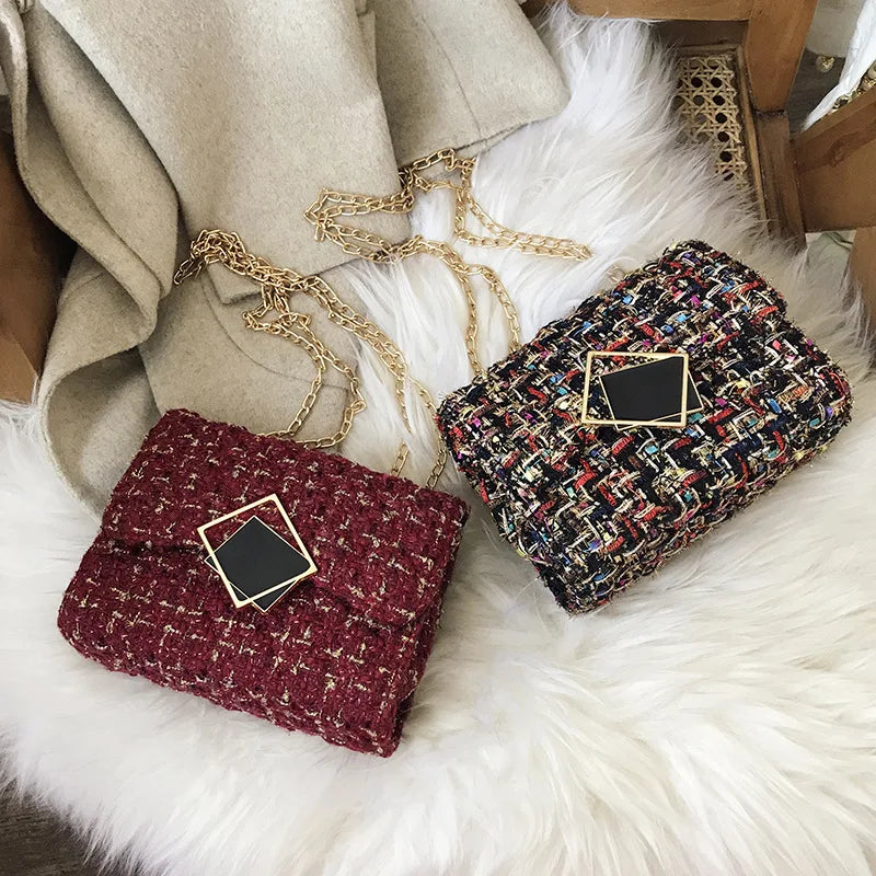 Woolen Cloth Bag Small Lattice Geometric Chain Shoulder Bag