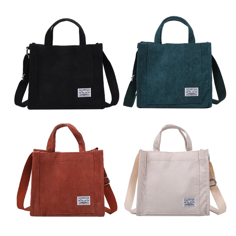 Corduroy Messenger Bag Shoulder Bag Letter Patch Top Handle Shopper Bag