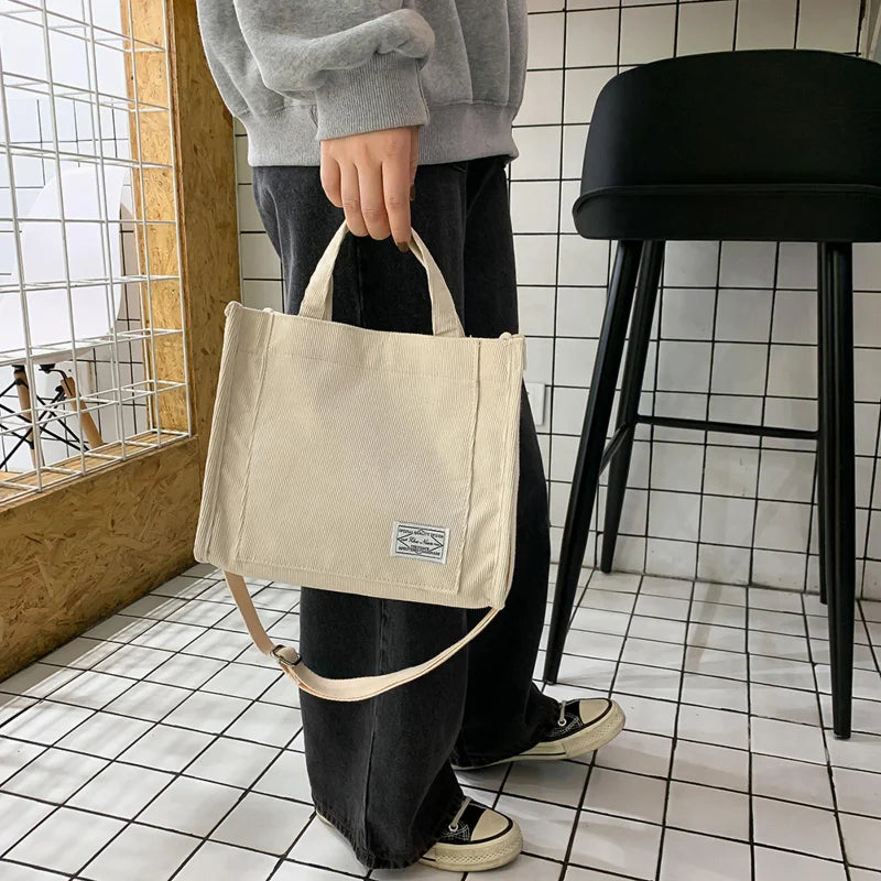 Corduroy Messenger Bag Shoulder Bag Letter Patch Top Handle Shopper Bag