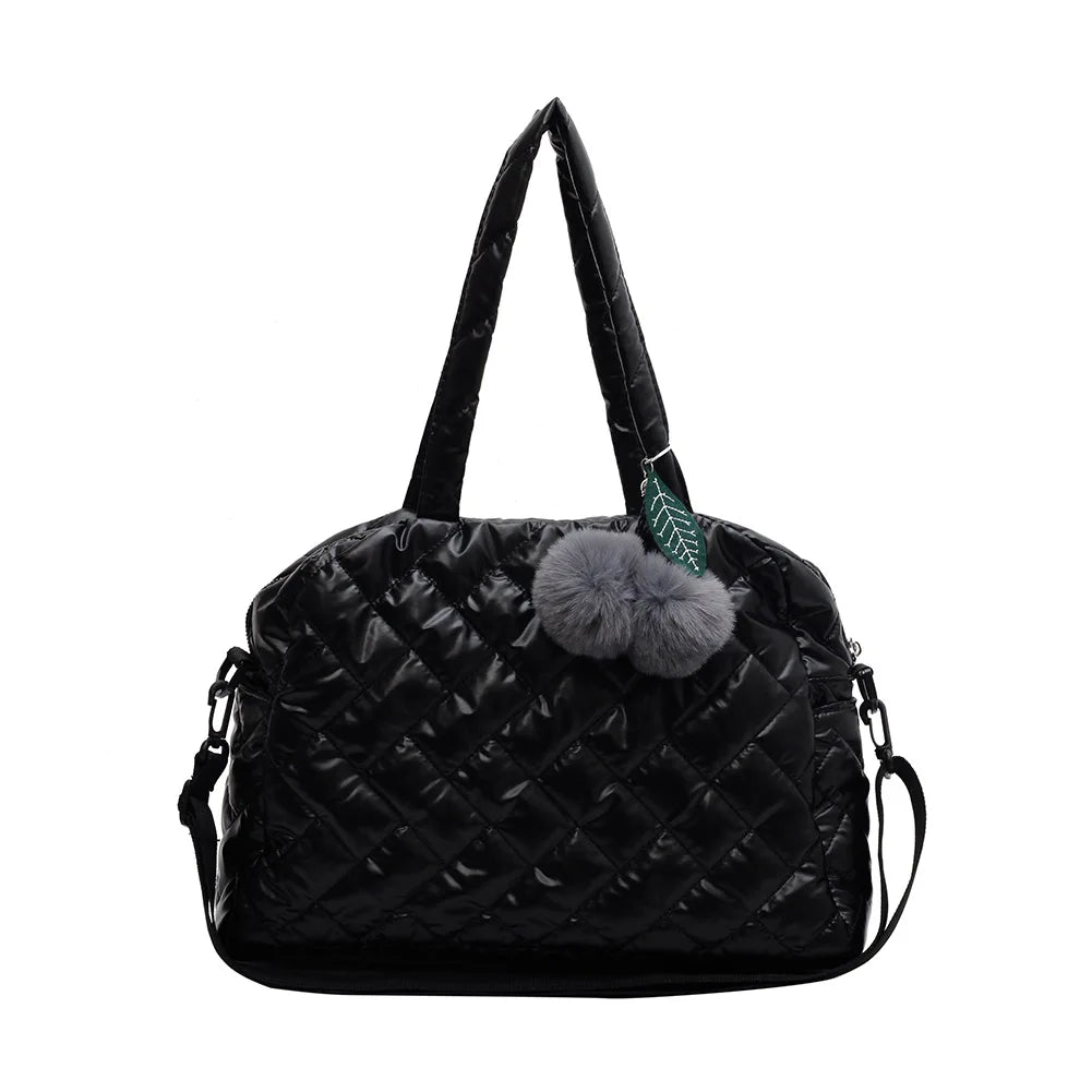 Quilted Shoulder Bag Pompom Pendant Cotton Messenger Pouch