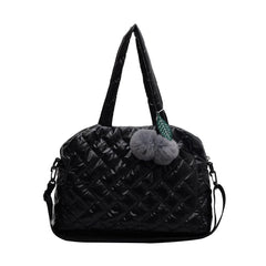 Quilted Shoulder Bag Pompom Pendant Cotton Messenger Pouch