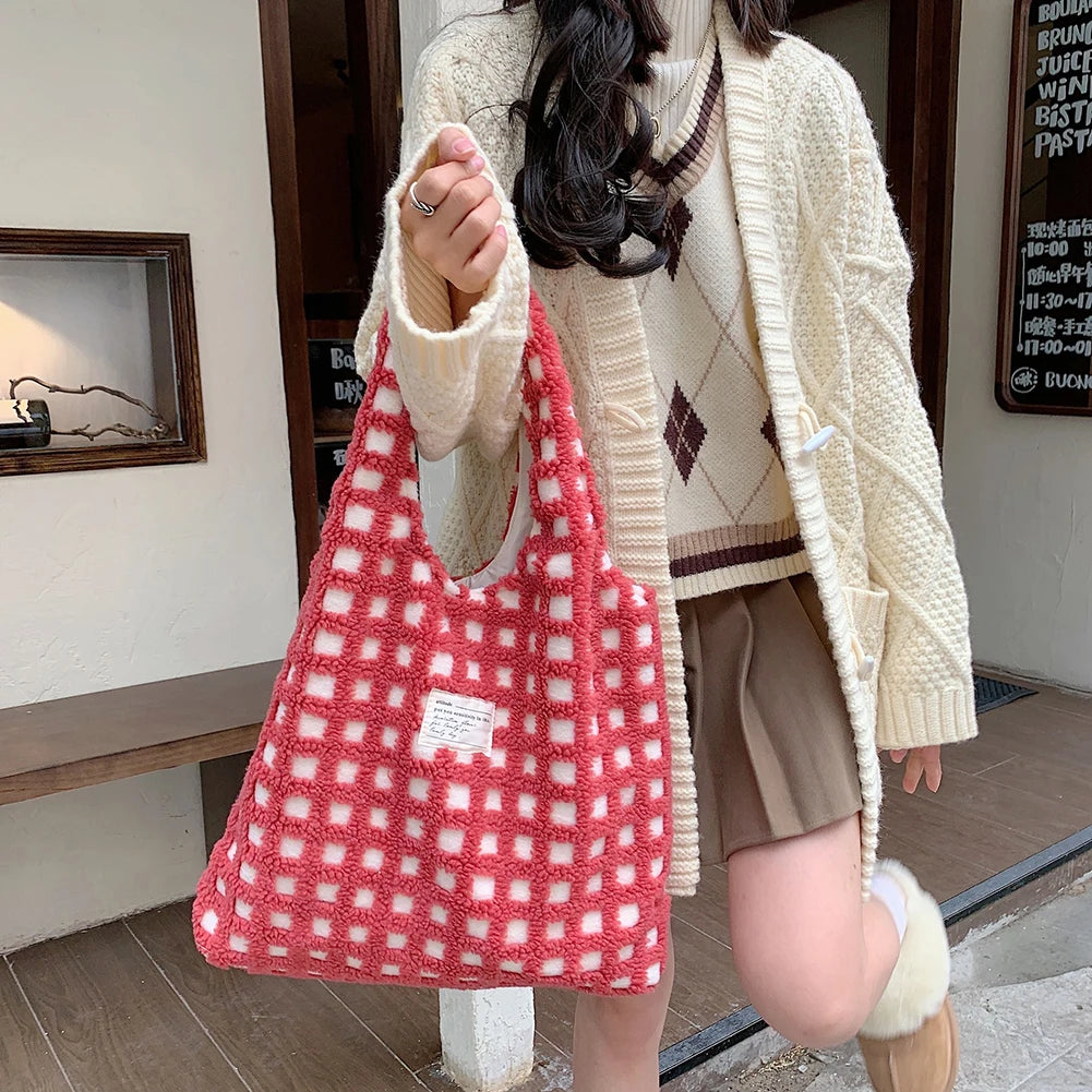 Plush Shoulder Bag Waffle Plaid Top-handle Bag Large Capacity Street Travel