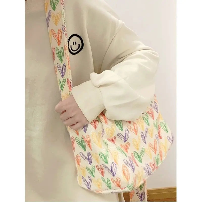 Plush Rainbow Heart Block Women Bag Colorful Shoulder Tote Crosbody Purse