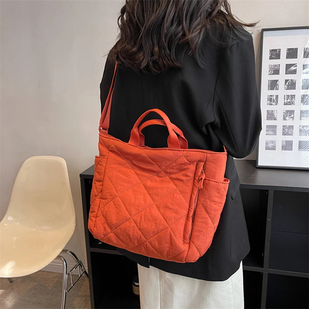 Quilted Cotton-padded Shoulder Bag Rhombic Lattice Solid Soft