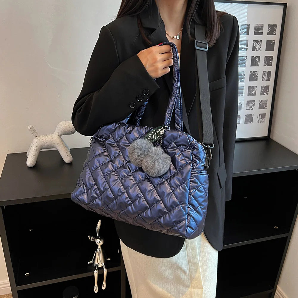 Quilted Shoulder Bag Pompom Pendant Large Capacity Nylon Crossbody Bag