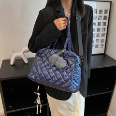Quilted Shoulder Bag Pompom Pendant Large Capacity Nylon Crossbody Bag