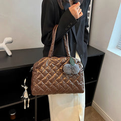 Quilted Shoulder Bag Pompom Pendant Large Capacity Nylon Crossbody Bag