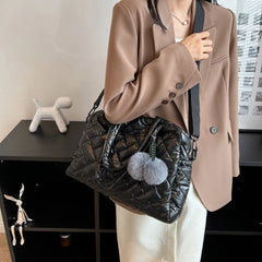 Quilted Shoulder Bag Pompom Pendant Large Capacity Nylon Crossbody Bag